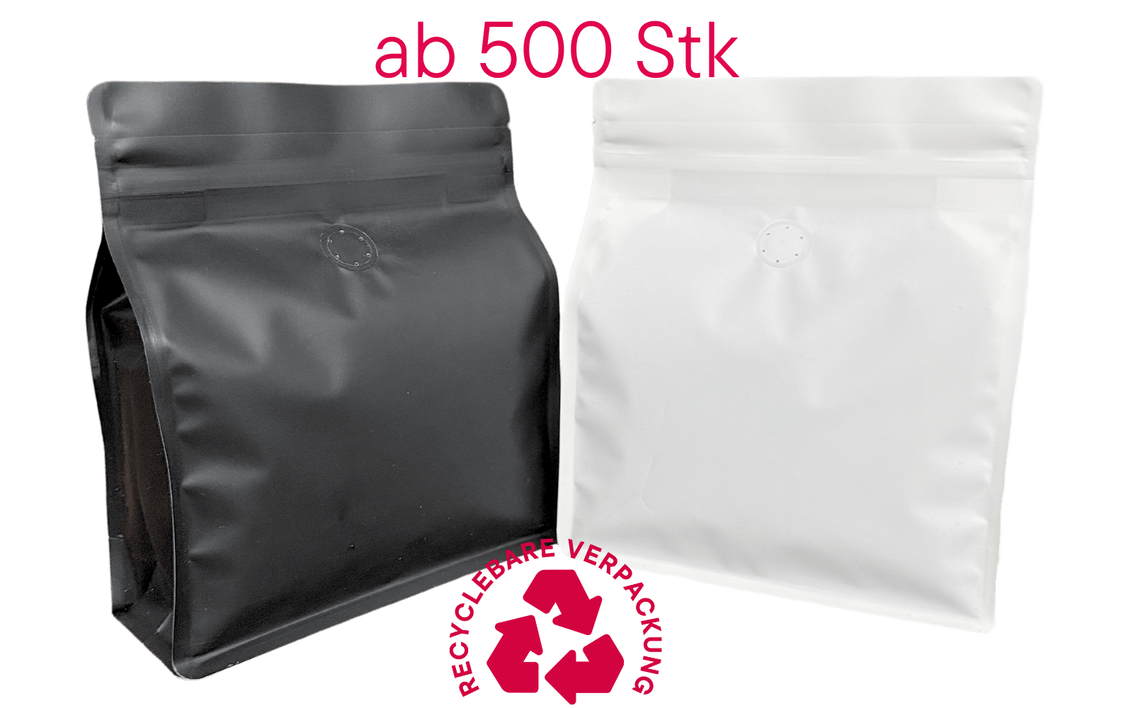 500 Stk. ♺ Kaffeebeutel Flachbodenbeutel RECYCLINGFÄHIG, aus MONO - Material, inkl. Ventil, Top - Zipper und Aromaschutz - kaffeeverpackung.com