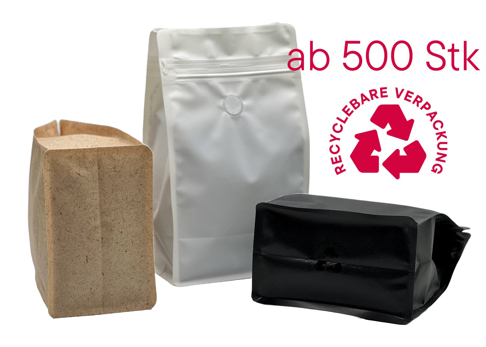 500 Stk. ♺ Kaffeebeutel Flachbodenbeutel RECYCLINGFÄHIG inkl. Ventil, Front-Zipper und Aromaschutz, mit Paper-Touch - kaffeeverpackung.com